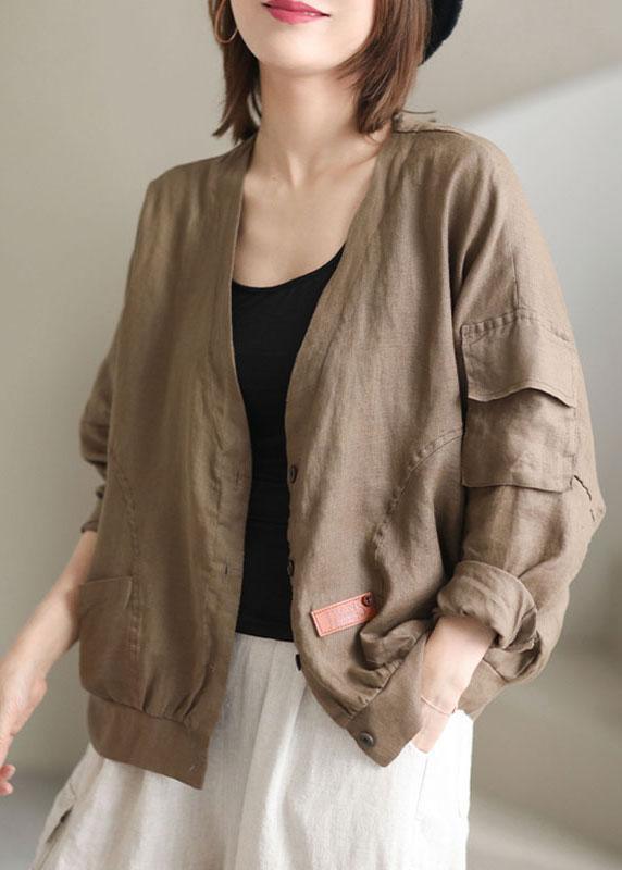 Plus Size Khaki V Neck Loose Button Fall Long sleeve Jacket QS051 WT-WG-CTS210914