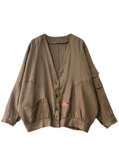 Plus Size Khaki V Neck Loose Button Fall Long sleeve Jacket QS051 WT-WG-CTS210914