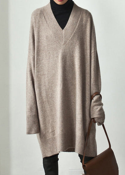 Plus Size Khaki V Neck Oversized Knit Sweater Dress Spring TF003