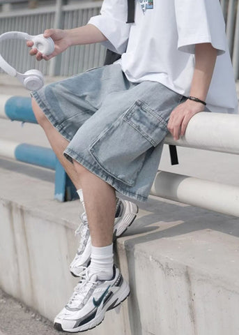 Plus Size Light Blue Pockets Elastic Waist Mens Shorts Summer YL014 ABC