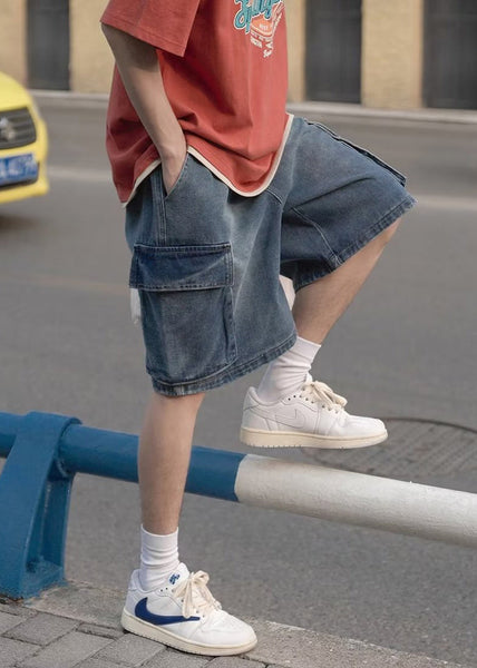 Plus Size Light Blue Pockets Elastic Waist Mens Shorts Summer YL014 ABC