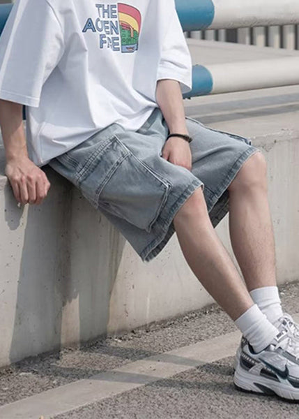 Plus Size Light Blue Pockets Elastic Waist Mens Shorts Summer YL014 ABC