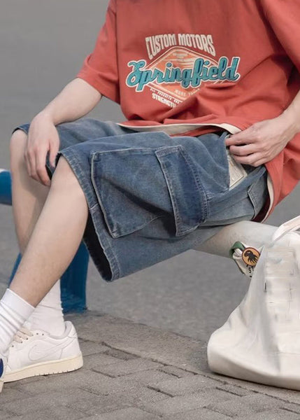 Plus Size Light Blue Pockets Elastic Waist Mens Shorts Summer YL014 ABC