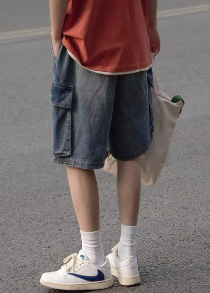 Plus Size Light Blue Pockets Elastic Waist Mens Shorts Summer YL014 ABC