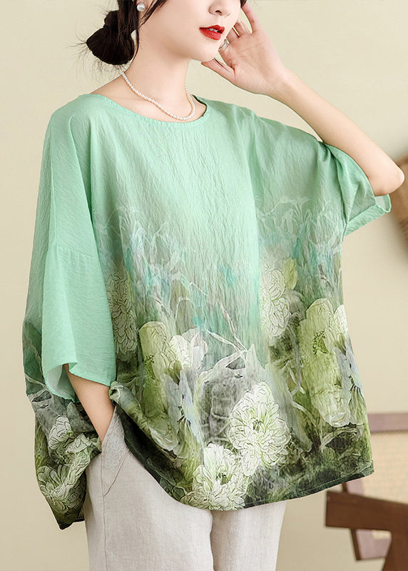 Plus Size Light Green O Neck Print Cotton T Shirt Batwing Sleeve JH055 MMDM-HTP240717