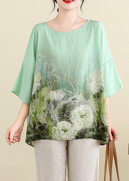 Plus Size Light Green O Neck Print Cotton T Shirt Batwing Sleeve JH055 MMDM-HTP240717