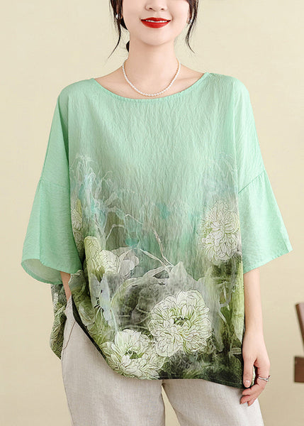 Plus Size Light Green O Neck Print Cotton T Shirt Batwing Sleeve JH055 MMDM-HTP240717