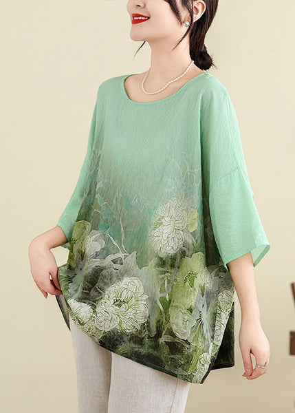 Plus Size Light Green O Neck Print Cotton T Shirt Batwing Sleeve JH055 MMDM-HTP240717