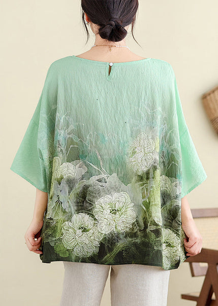 Plus Size Light Green O Neck Print Cotton T Shirt Batwing Sleeve JH055 MMDM-HTP240717