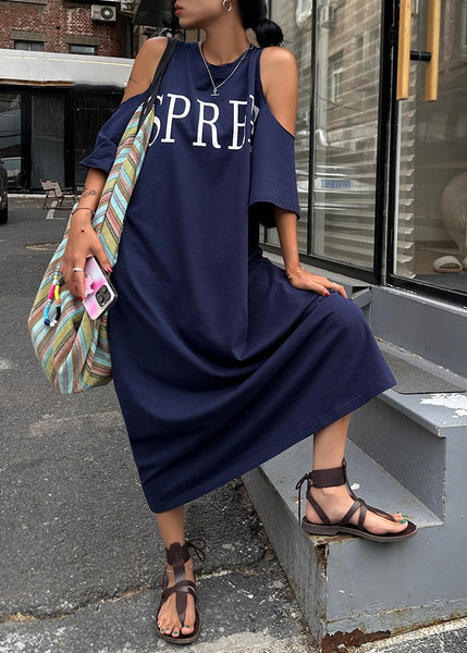 Size Plus Blue Cold Maxi Navy Graphic Dress Holiday Shoulder FashionChic