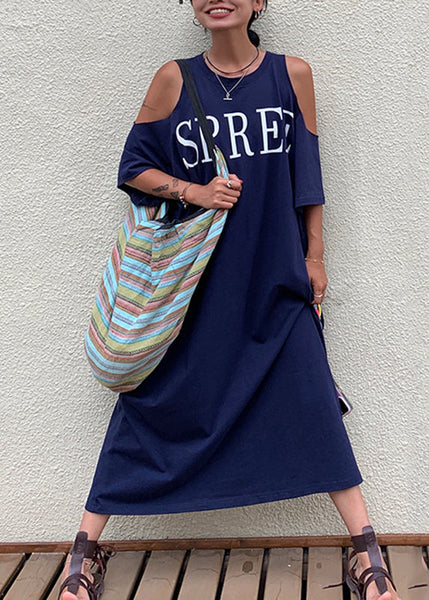 Size Plus Blue Cold Maxi Navy Graphic Dress Holiday Shoulder FashionChic