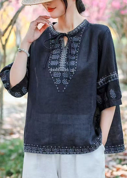 Blouses Navy Size Plus Embroidered Summer Linen FashionChic