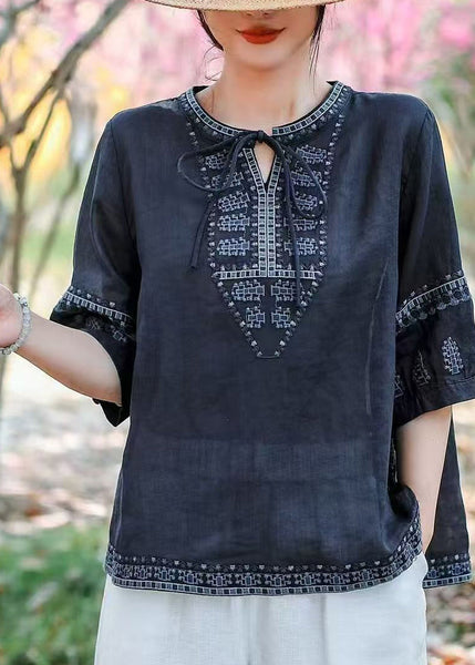 Blouses Navy Size Plus Embroidered Summer Linen FashionChic