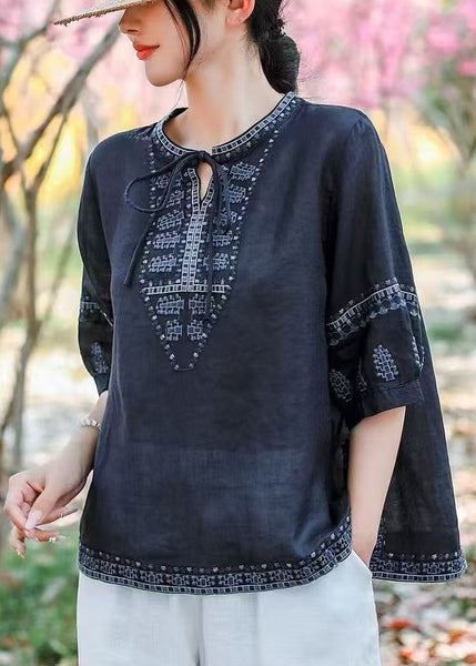 Blouses Navy Size Plus Embroidered Summer Linen FashionChic