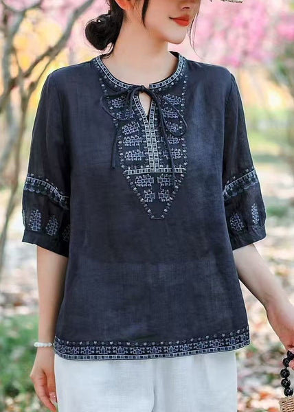 Blouses Navy Size Plus Embroidered Summer Linen FashionChic