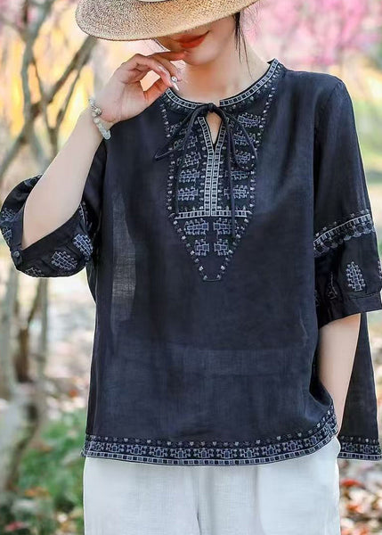 Blouses Navy Size Plus Embroidered Summer Linen FashionChic