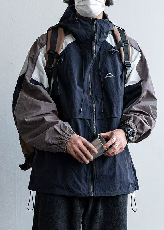 Hooded Size Mens Patchwork Plus Cotton Drawstring Navy Coats FashionChic