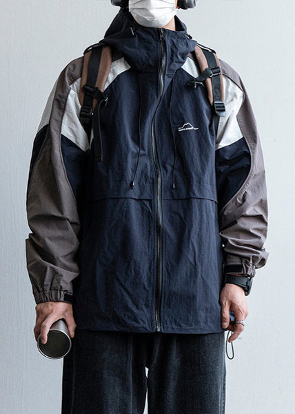 Hooded Size Mens Patchwork Plus Cotton Drawstring Navy Coats FashionChic