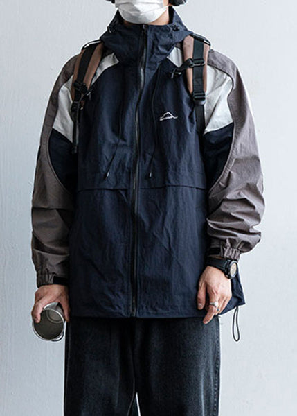 Hooded Size Mens Patchwork Plus Cotton Drawstring Navy Coats FashionChic