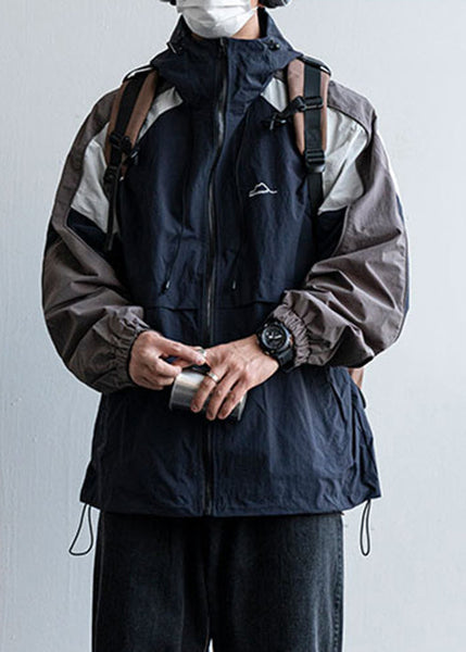 Hooded Size Mens Patchwork Plus Cotton Drawstring Navy Coats FashionChic