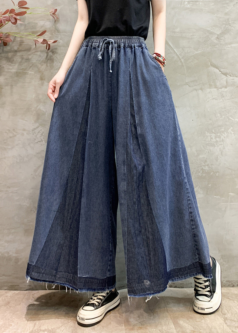 Wrinkled Denim Plus Oversized Leg Size Pants Navy Wide Summer FashionChic