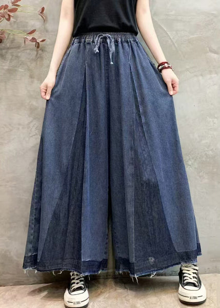 Wrinkled Denim Plus Oversized Leg Size Pants Navy Wide Summer FashionChic