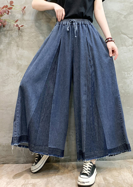Wrinkled Denim Plus Oversized Leg Size Pants Navy Wide Summer FashionChic