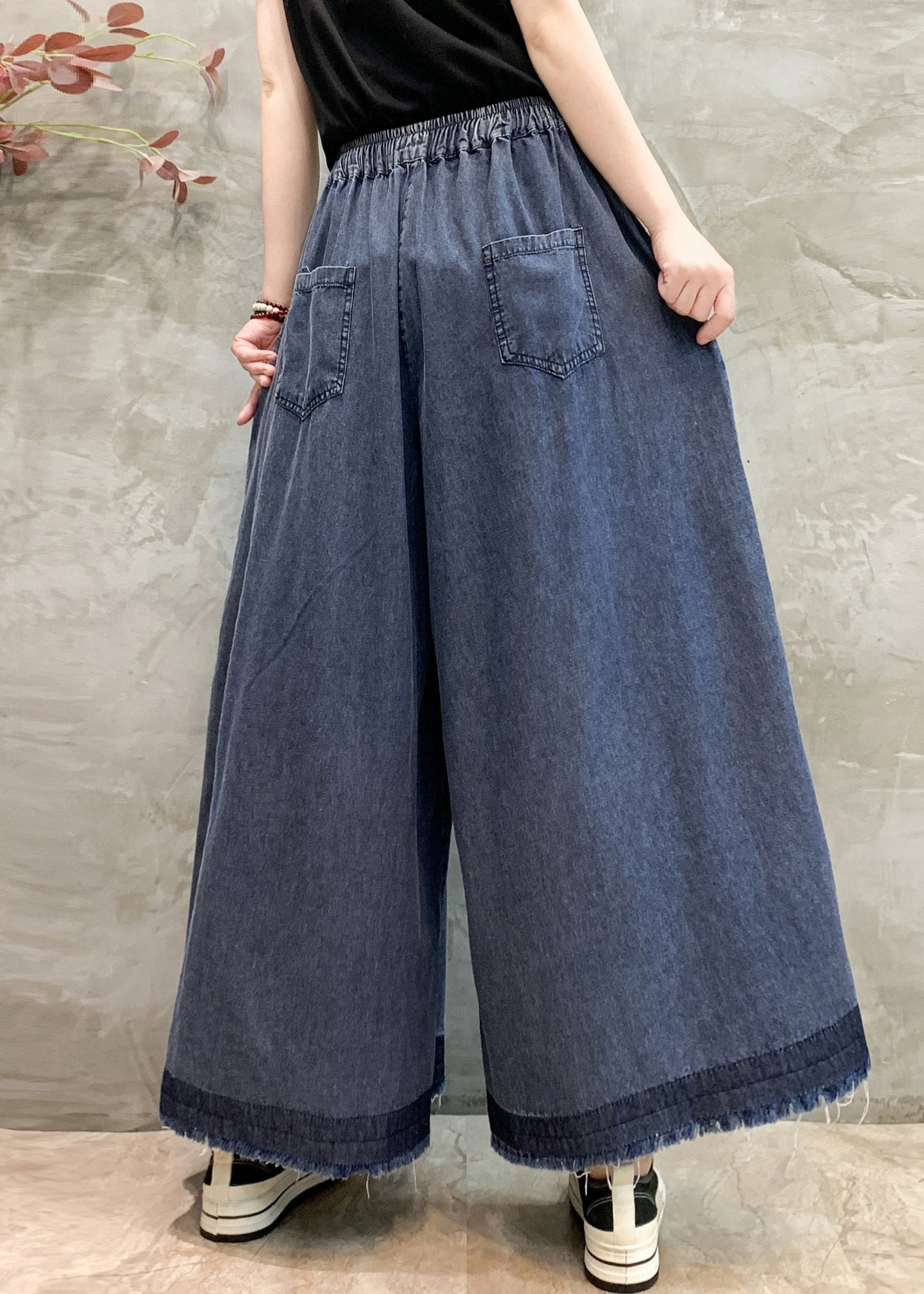 Wrinkled Denim Plus Oversized Leg Size Pants Navy Wide Summer FashionChic
