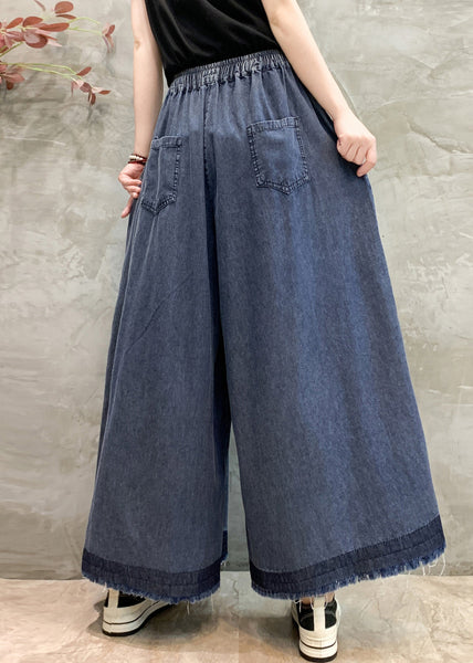 Wrinkled Denim Plus Oversized Leg Size Pants Navy Wide Summer FashionChic