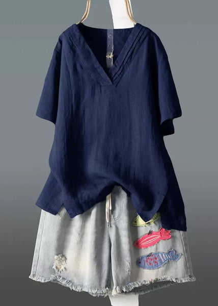 Summer Size Wrinkled V Navy Neck Linen Plus Tank FashionChic