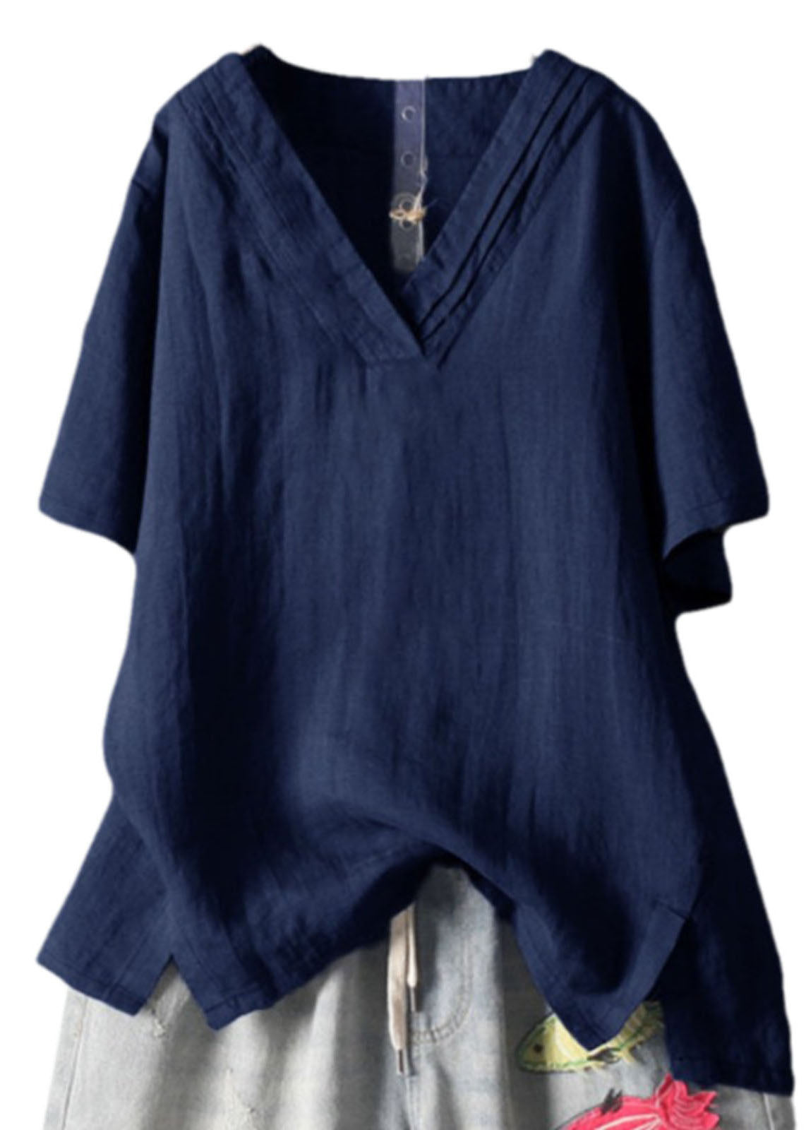Linen Size Neck Tank V Wrinkled Navy Plus Summer FashionChic