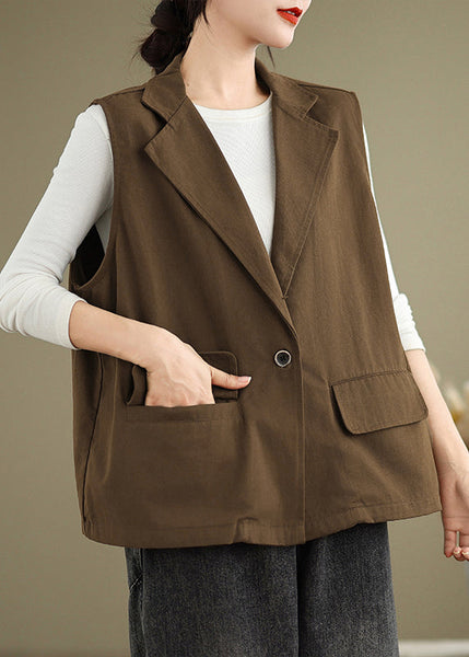 Plus Size Orange Notched Neck Pockets Cotton Vest Sleeveless OO017 OM-CS240816