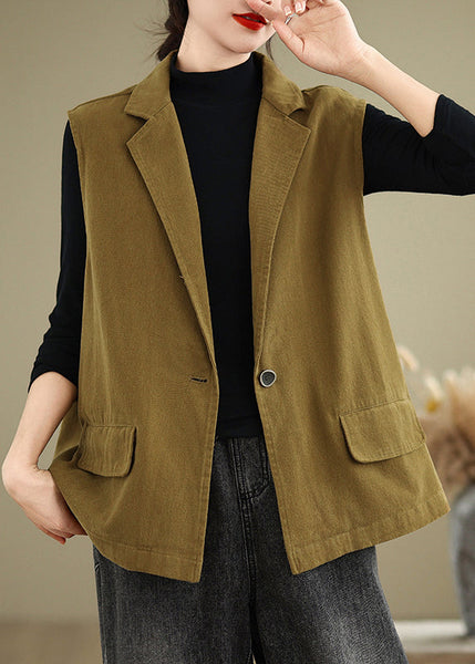 Plus Size Orange Notched Neck Pockets Cotton Vest Sleeveless OO017 OM-CS240816