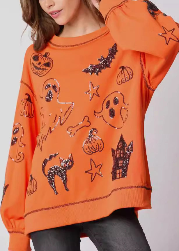 Plus Size Orange O Neck Sequins Cotton Sweatshirts Fall AE1040 OM-HW240901