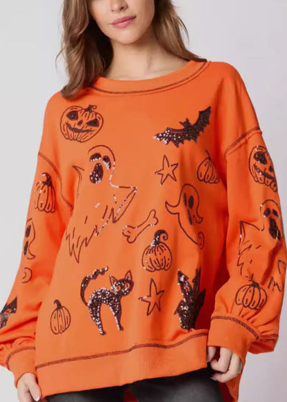 Plus Size Orange O Neck Sequins Cotton Sweatshirts Fall AE1040 OM-HW240901