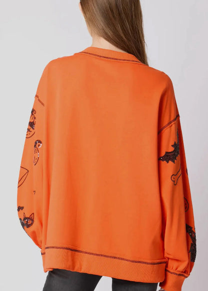 Plus Size Orange O Neck Sequins Cotton Sweatshirts Fall AE1040 OM-HW240901