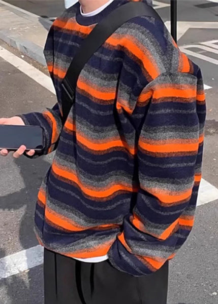 Plus Size Orange O Neck Striped Cotton Men T Shirt Fall WJ004 MENT241119