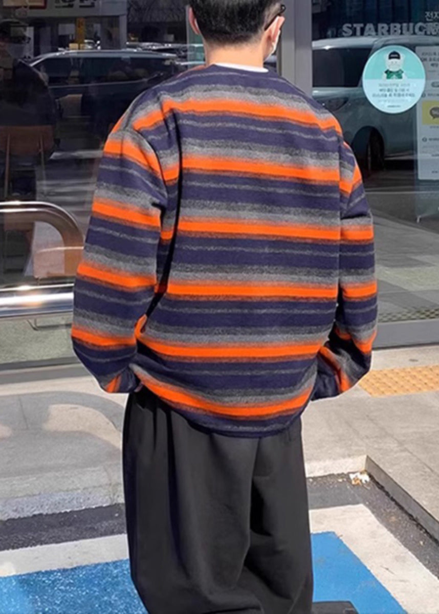Plus Size Orange O Neck Striped Cotton Men T Shirt Fall WJ004 MENT241119