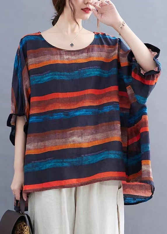 Plus Size Orange O Neck Striped Cotton Top Batwing Sleeve BV085 MZF-STP240702