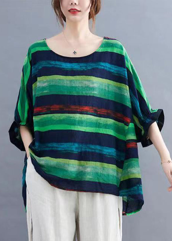 Plus Size Orange O Neck Striped Cotton Top Batwing Sleeve BV085 MZF-STP240702