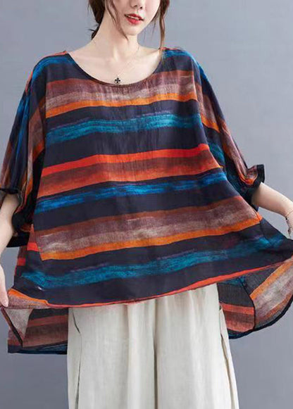 Plus Size Orange O Neck Striped Cotton Top Batwing Sleeve BV085 MZF-STP240702