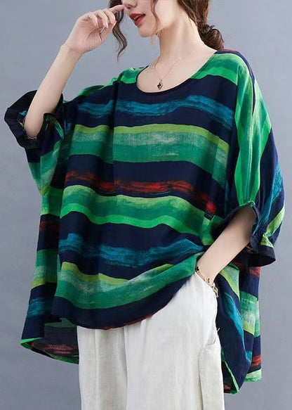 Plus Size Orange O Neck Striped Cotton Top Batwing Sleeve BV085 MZF-STP240702