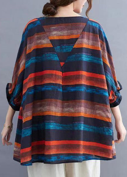 Plus Size Orange O Neck Striped Cotton Top Batwing Sleeve BV085 MZF-STP240702