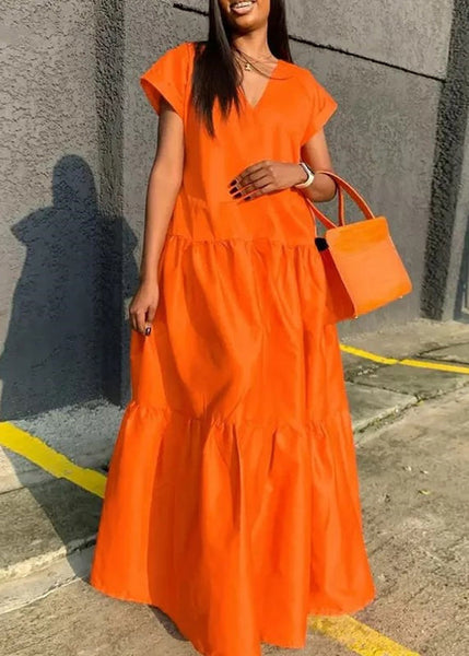 Summer Plus Neck V Dress Long Patchwork Size Orange FashionChic