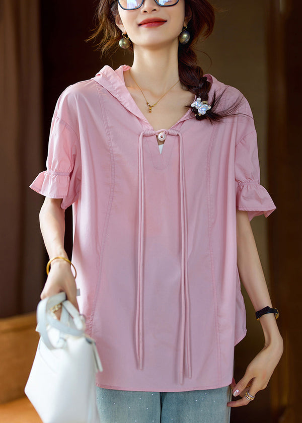 Plus Size Pink Hooded Chinese Button Cotton T Shirt Summer AC1018 Genistyle Shop