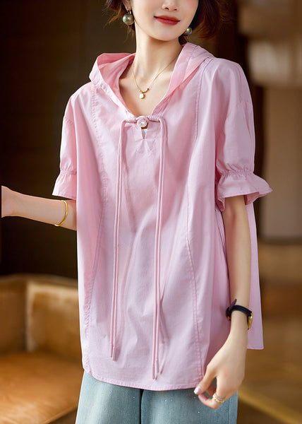 Plus Size Pink Hooded Chinese Button Cotton T Shirt Summer AC1018 Genistyle Shop