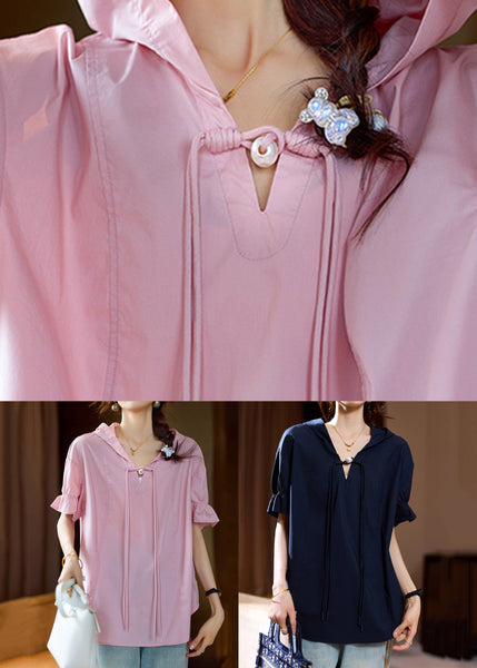 Plus Size Pink Hooded Chinese Button Cotton T Shirt Summer AC1018 Genistyle Shop