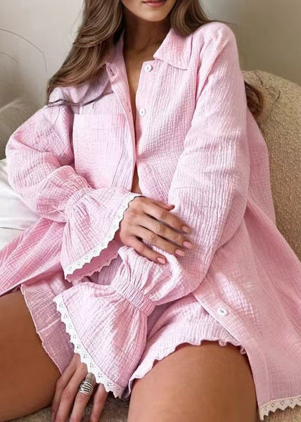 Lace Pink Size Sets Patchwork Sleeve Flare Oversized Plus Pajama FashionChic