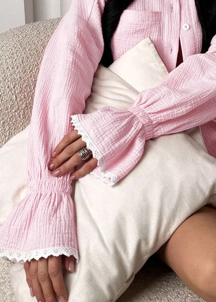 Lace Pink Size Sets Patchwork Sleeve Flare Oversized Plus Pajama FashionChic