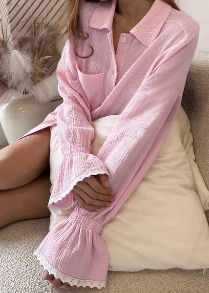 Lace Pink Size Sets Patchwork Sleeve Flare Oversized Plus Pajama FashionChic